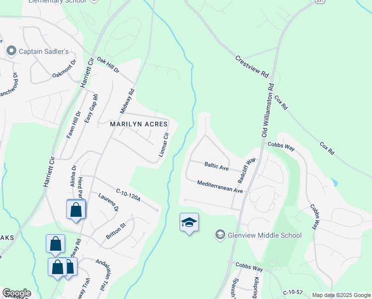 map of restaurants, bars, coffee shops, grocery stores, and more near 143 Mediterranean Avenue in Anderson