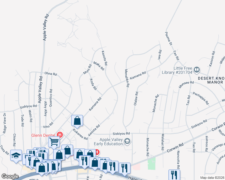 map of restaurants, bars, coffee shops, grocery stores, and more near 16413 Kamana Road in Apple Valley