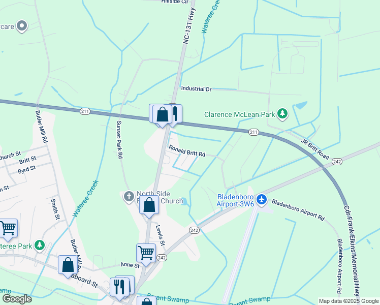 map of restaurants, bars, coffee shops, grocery stores, and more near Tulip Drive in Bladenboro