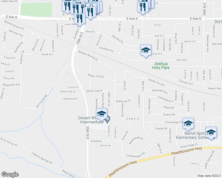 map of restaurants, bars, coffee shops, grocery stores, and more near 2635 Desert Oak Drive in Palmdale