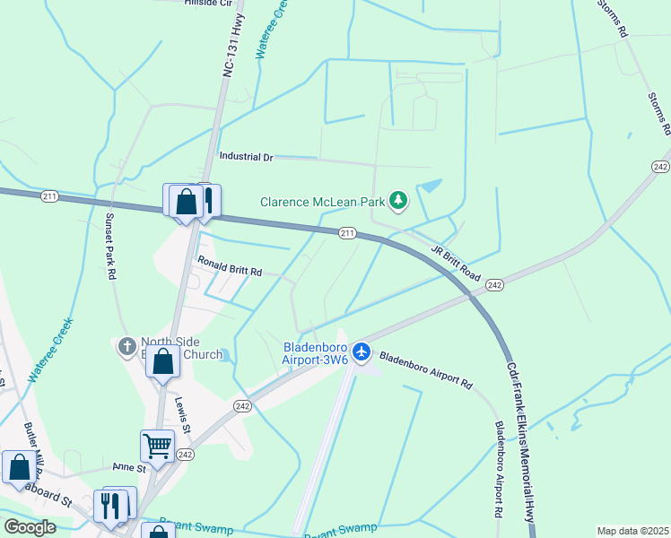 map of restaurants, bars, coffee shops, grocery stores, and more near 159 Todd Britt Road in Bladenboro