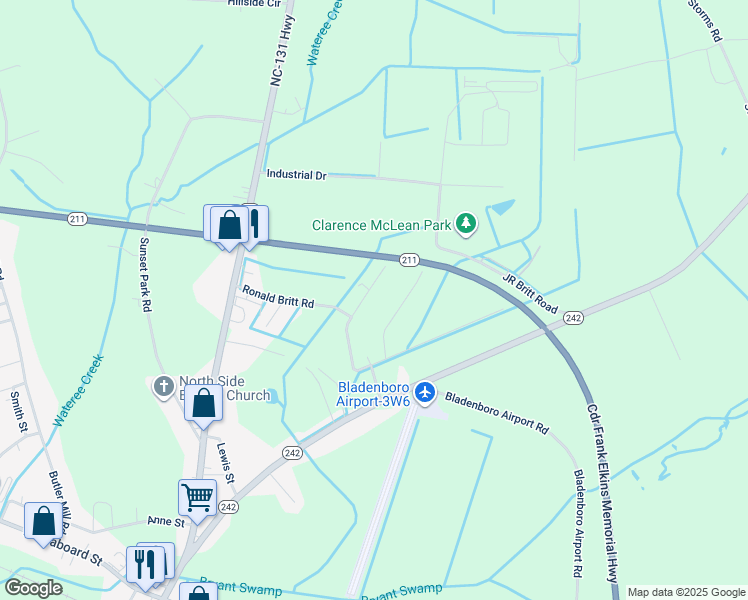 map of restaurants, bars, coffee shops, grocery stores, and more near 70 Holly Britt Court in Bladenboro