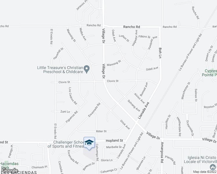 map of restaurants, bars, coffee shops, grocery stores, and more near 16455 Village Drive in Victorville