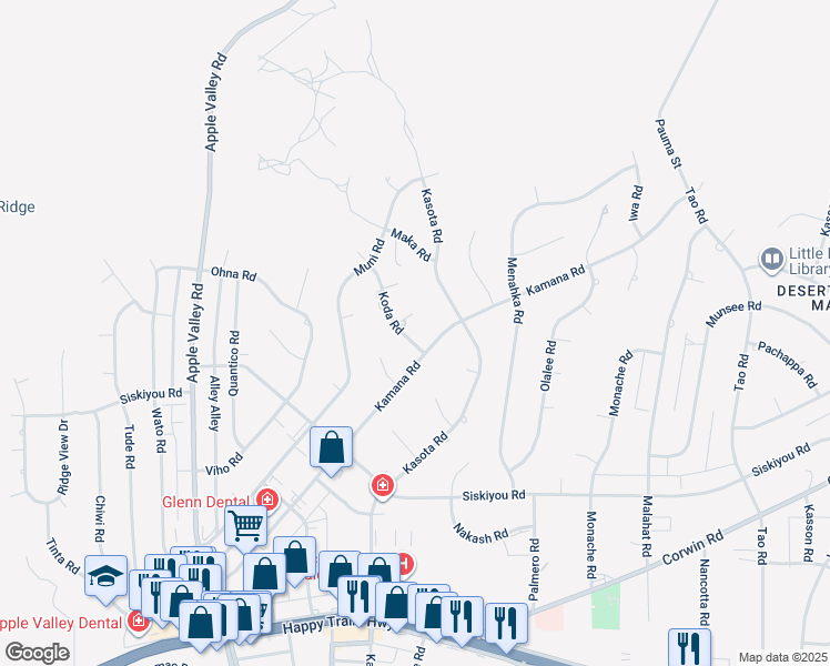 map of restaurants, bars, coffee shops, grocery stores, and more near 16407 Koda Road in Apple Valley