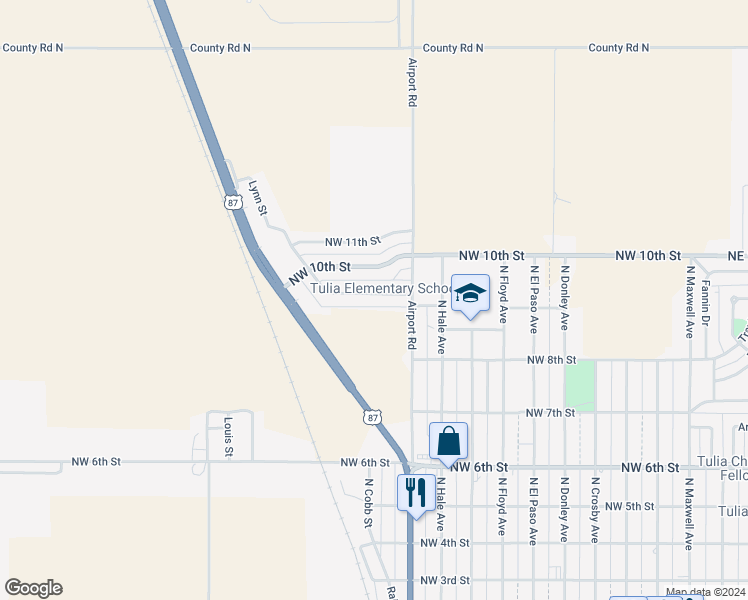 map of restaurants, bars, coffee shops, grocery stores, and more near 1015 Northwest 9th Street in Tulia