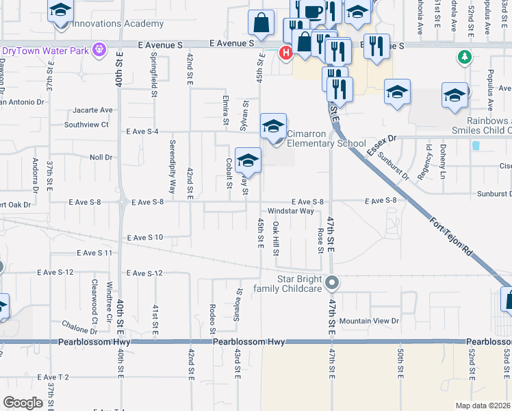 map of restaurants, bars, coffee shops, grocery stores, and more near 36751 45th Street East in Palmdale