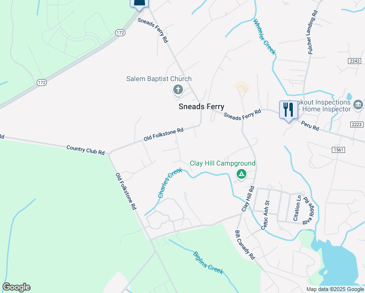 map of restaurants, bars, coffee shops, grocery stores, and more near 105 Granny Drive in Sneads Ferry