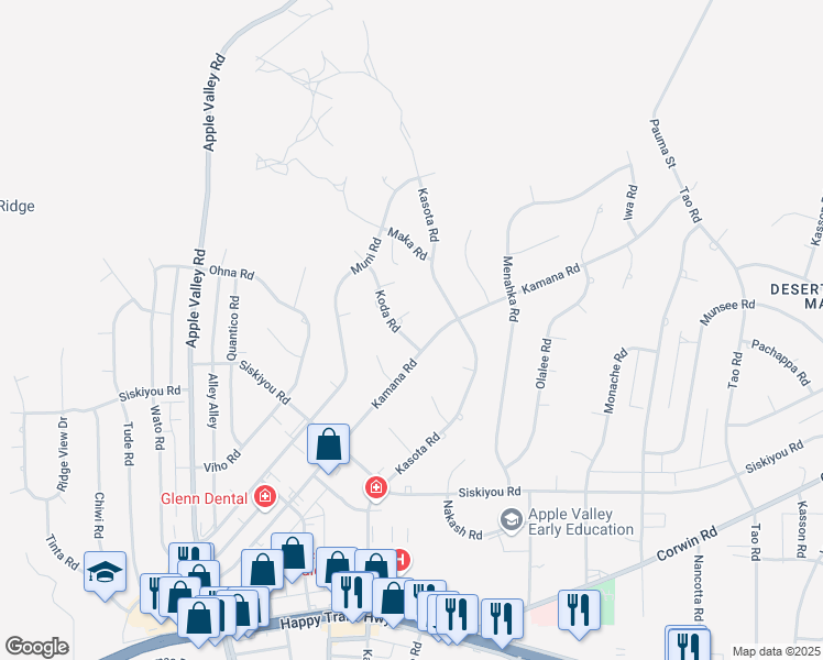 map of restaurants, bars, coffee shops, grocery stores, and more near 16407 Koda Road in Apple Valley