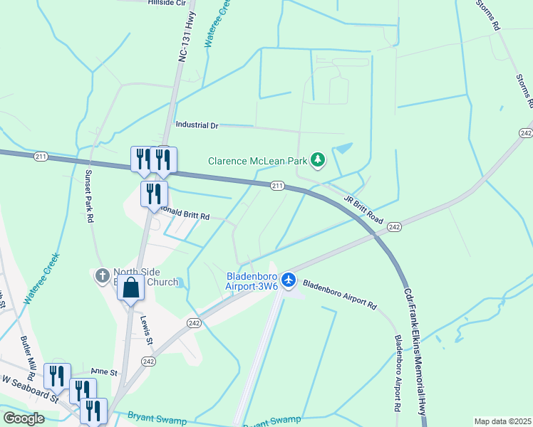 map of restaurants, bars, coffee shops, grocery stores, and more near 159 Todd Britt Road in Bladenboro