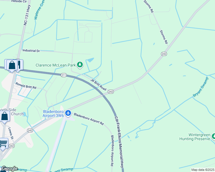 map of restaurants, bars, coffee shops, grocery stores, and more near 42 JR Britt Road in Bladenboro