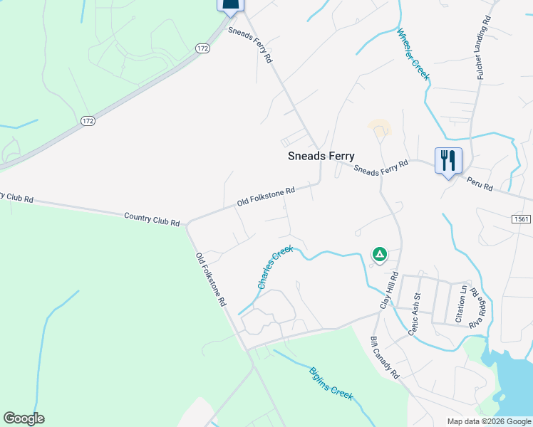 map of restaurants, bars, coffee shops, grocery stores, and more near 304 Woody Way in Sneads Ferry
