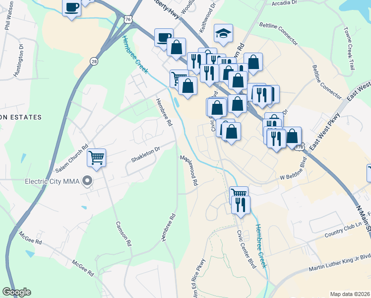 map of restaurants, bars, coffee shops, grocery stores, and more near 216 Maplewood Road in Anderson