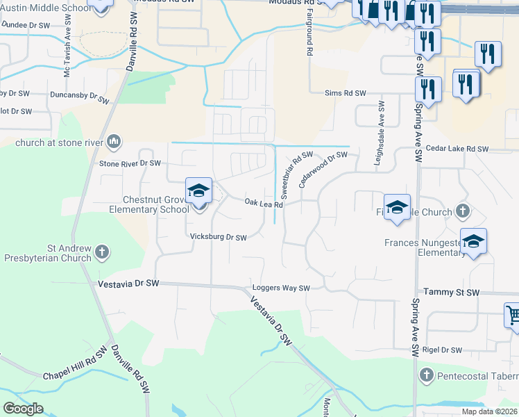map of restaurants, bars, coffee shops, grocery stores, and more near 1401 Cedarhurst Court Southwest in Decatur