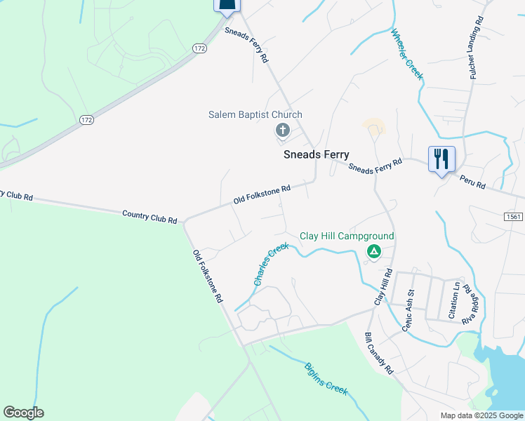 map of restaurants, bars, coffee shops, grocery stores, and more near 304 Woody Way in Sneads Ferry