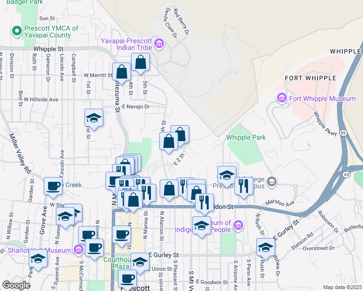 map of restaurants, bars, coffee shops, grocery stores, and more near 494 East Z Street in Prescott