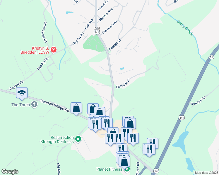 map of restaurants, bars, coffee shops, grocery stores, and more near 927 U.S. 441 Business in Cornelia