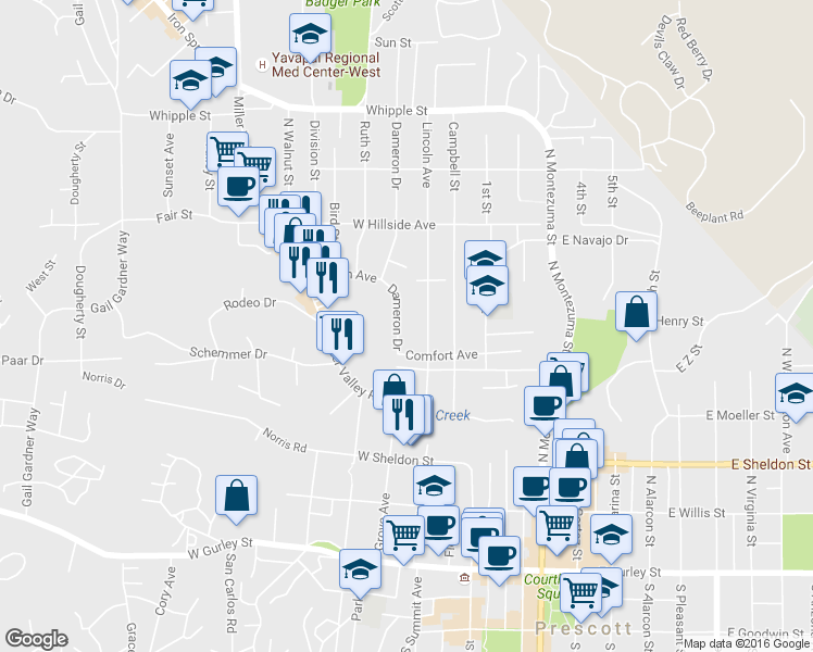 map of restaurants, bars, coffee shops, grocery stores, and more near 543 Dameron Drive in Prescott