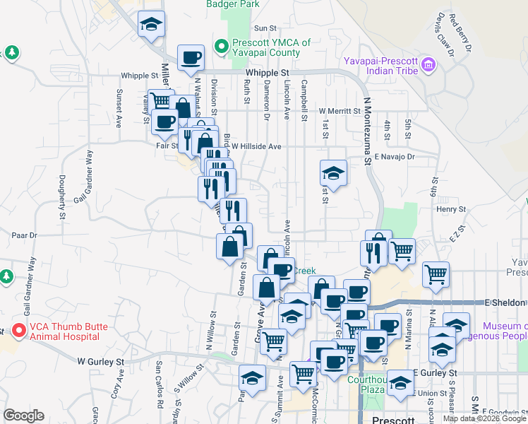 map of restaurants, bars, coffee shops, grocery stores, and more near 532 Dameron Drive in Prescott