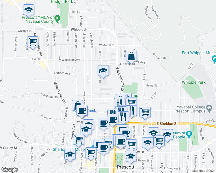 map of restaurants, bars, coffee shops, grocery stores, and more near 259 Vallejo Street in Prescott