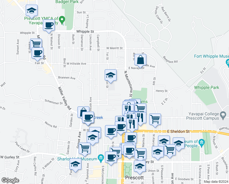 map of restaurants, bars, coffee shops, grocery stores, and more near 259 Vallejo Street in Prescott