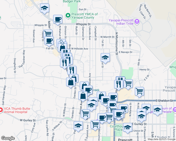 map of restaurants, bars, coffee shops, grocery stores, and more near 535 Lincoln Avenue in Prescott