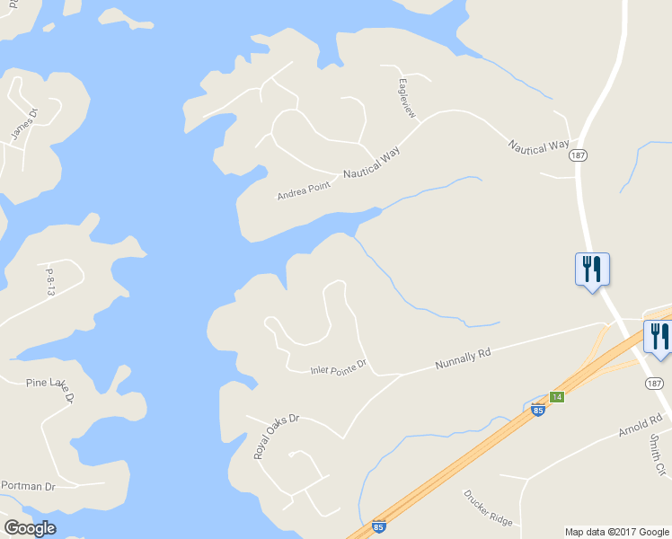 map of restaurants, bars, coffee shops, grocery stores, and more near 233 Inlet Pointe Drive in Anderson