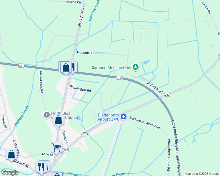 map of restaurants, bars, coffee shops, grocery stores, and more near 90 Holly Britt Court in Bladenboro