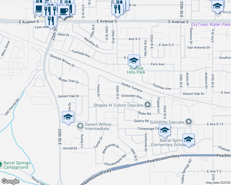 map of restaurants, bars, coffee shops, grocery stores, and more near 36729 Arbolada Lane in Palmdale