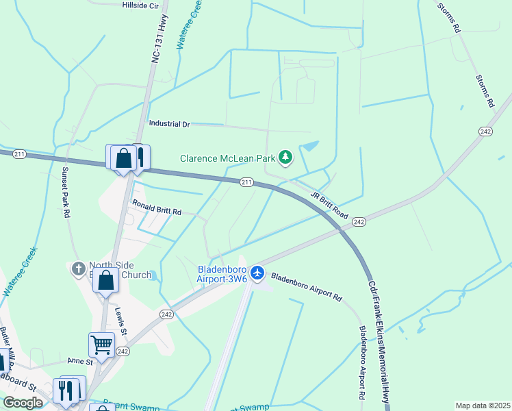 map of restaurants, bars, coffee shops, grocery stores, and more near 218 Todd Britt Road in Bladenboro