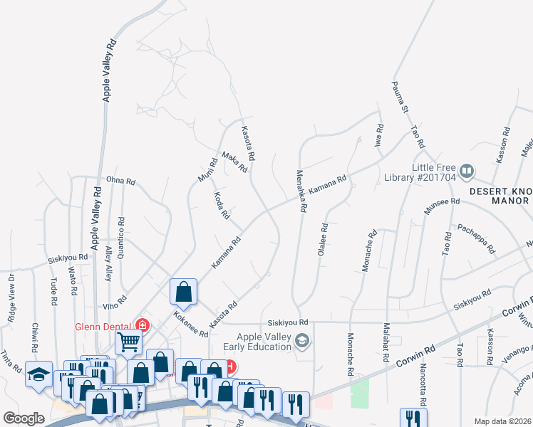 map of restaurants, bars, coffee shops, grocery stores, and more near 16413 Kamana Road in Apple Valley