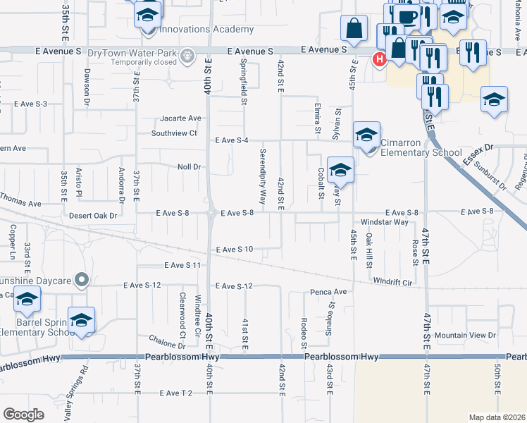 map of restaurants, bars, coffee shops, grocery stores, and more near 36801 Serendipity Way in Palmdale