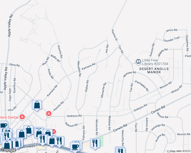 map of restaurants, bars, coffee shops, grocery stores, and more near 16446 Olalee Place in Apple Valley