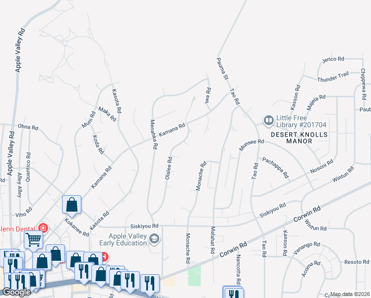 map of restaurants, bars, coffee shops, grocery stores, and more near 16446 Olalee Place in Apple Valley