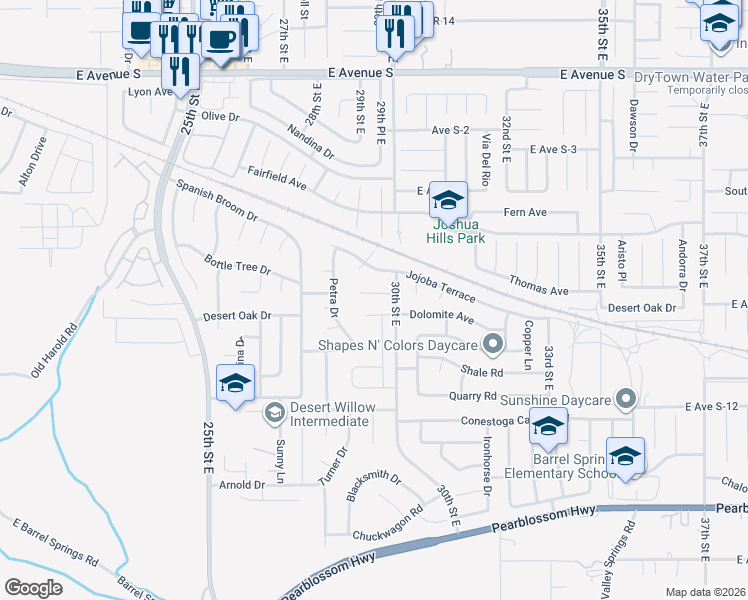 map of restaurants, bars, coffee shops, grocery stores, and more near 2936 Tumbleweed Drive in Palmdale