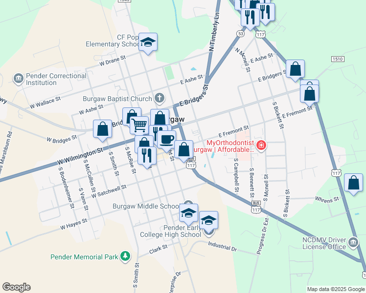 map of restaurants, bars, coffee shops, grocery stores, and more near 102 East Fremont Street in Burgaw