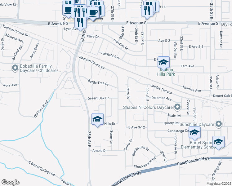 map of restaurants, bars, coffee shops, grocery stores, and more near 36751 Spanish Broom Drive in Palmdale