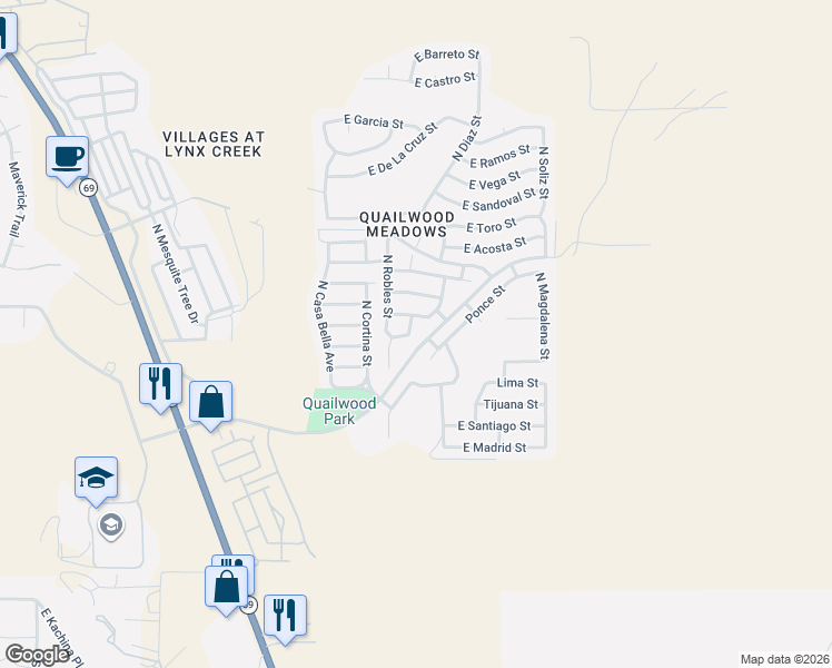 map of restaurants, bars, coffee shops, grocery stores, and more near 12864 Ponce Street in Prescott Valley
