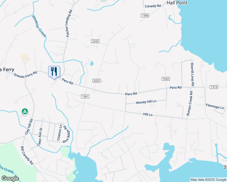 map of restaurants, bars, coffee shops, grocery stores, and more near 423 Peru Road in Sneads Ferry
