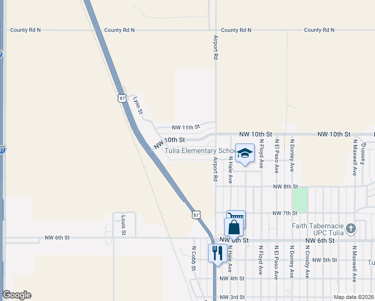 map of restaurants, bars, coffee shops, grocery stores, and more near 1015 Northwest 9th Street in Tulia