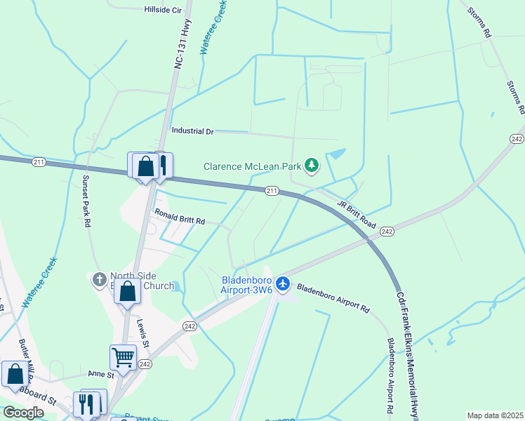 map of restaurants, bars, coffee shops, grocery stores, and more near 179 Todd Britt Road in Bladenboro