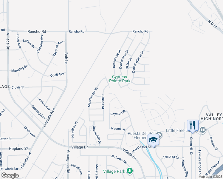 map of restaurants, bars, coffee shops, grocery stores, and more near 15595 Naples Lane in Victorville