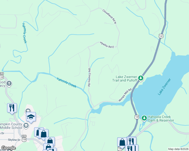 map of restaurants, bars, coffee shops, grocery stores, and more near 296 Sky Country Road in Dahlonega