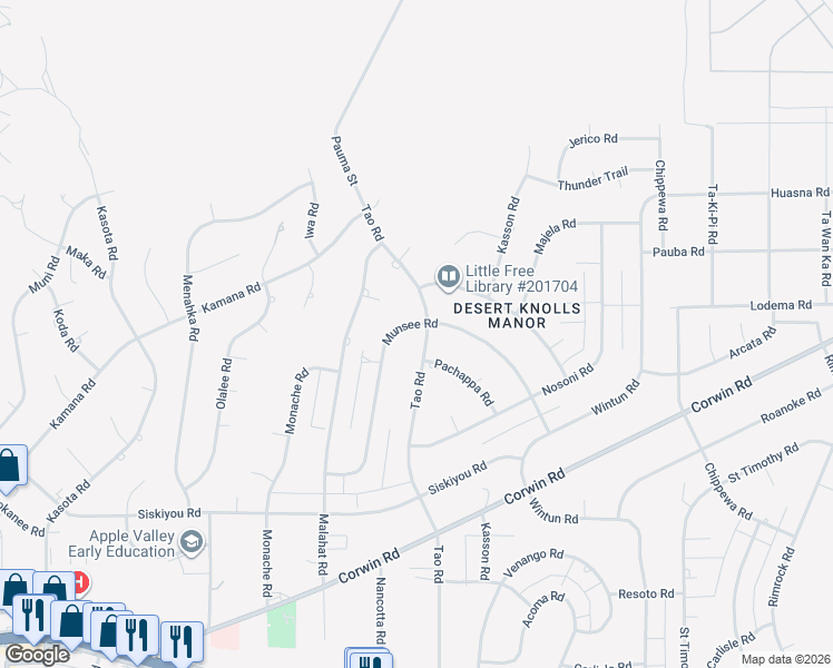 map of restaurants, bars, coffee shops, grocery stores, and more near 16450 Tao Road in Apple Valley