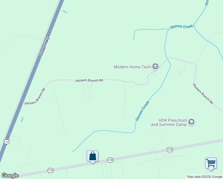 map of restaurants, bars, coffee shops, grocery stores, and more near 308 Pilchers Branch Road in Holly Ridge
