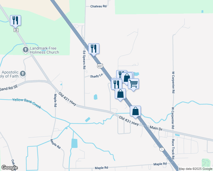 map of restaurants, bars, coffee shops, grocery stores, and more near 10106 U.S. 431 in New Hope