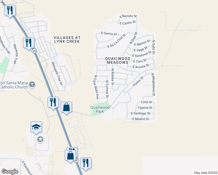 map of restaurants, bars, coffee shops, grocery stores, and more near 12782 East Moreno Street in Prescott Valley
