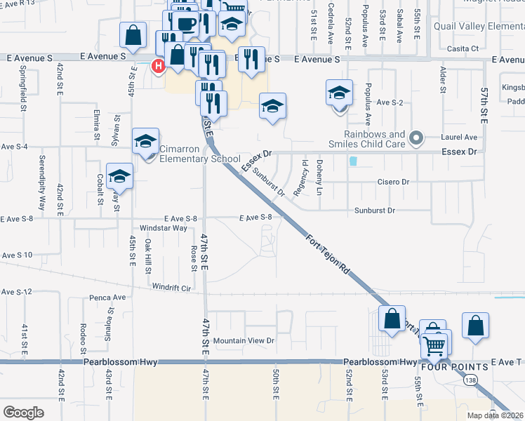 map of restaurants, bars, coffee shops, grocery stores, and more near 4908 Fort Tejon Road in Palmdale