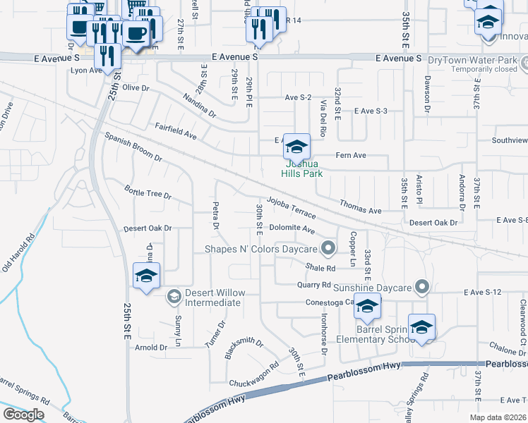 map of restaurants, bars, coffee shops, grocery stores, and more near 36758 30th Street East in Palmdale