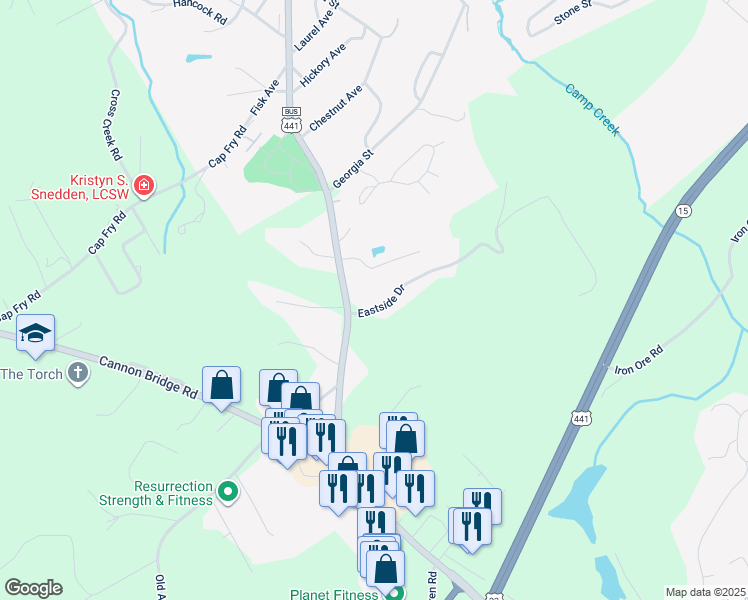 map of restaurants, bars, coffee shops, grocery stores, and more near 167 Eastside Drive in Demorest