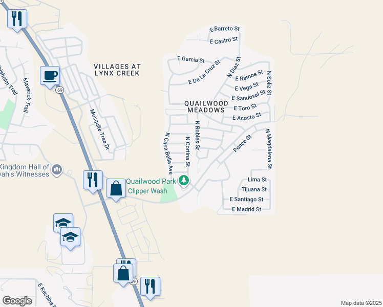 map of restaurants, bars, coffee shops, grocery stores, and more near 12782 East Moreno Street in Prescott Valley